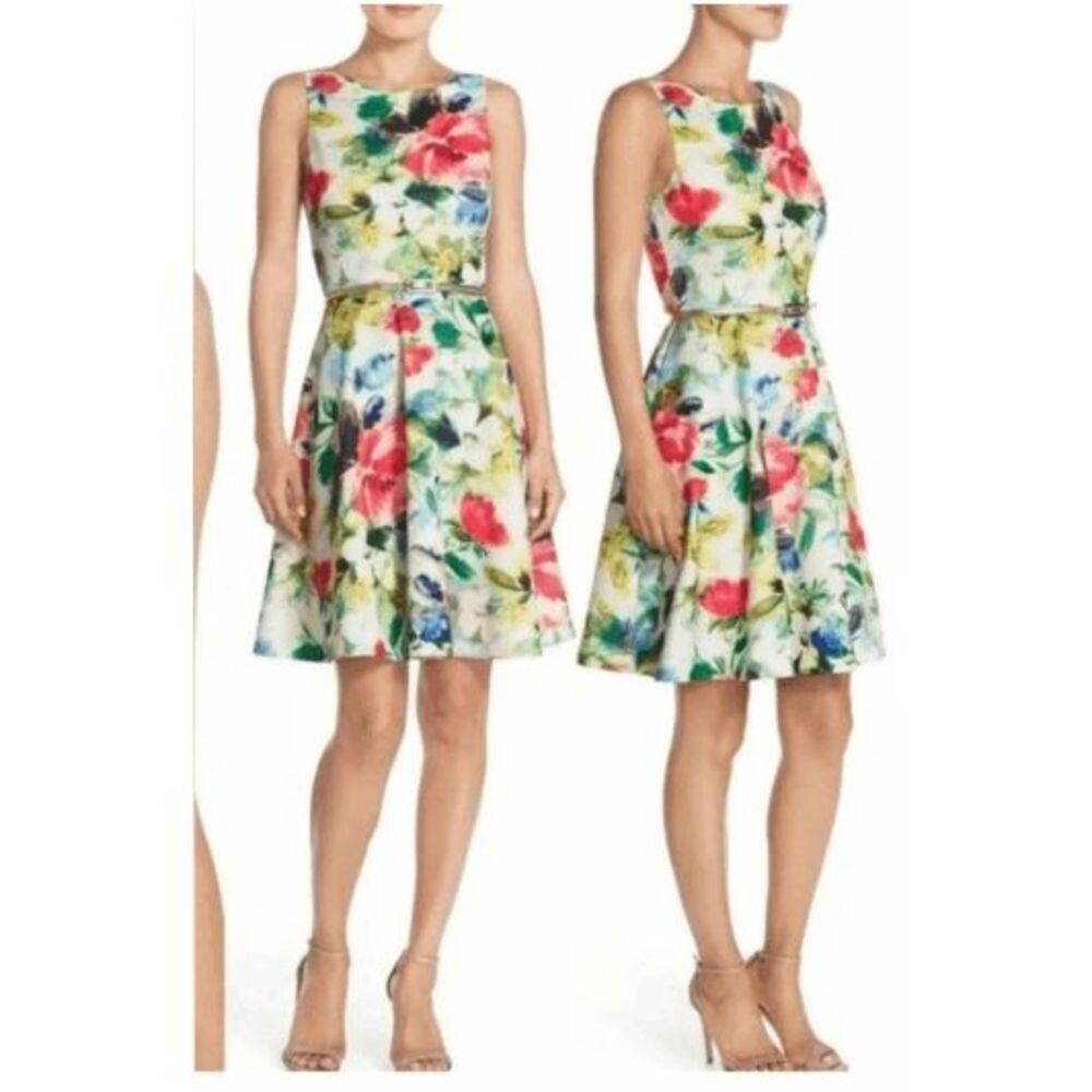 Eliza J Floral Fit-and-Flare Midi Dress in White, Red, Green, Blue